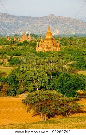 Scenic Landscape View Of Antient Temples At Sunrise, Bagan, Myanmar