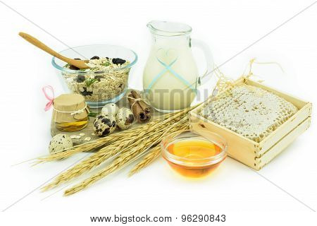 Healthy Breakfast - Muesli, Honey, Milk And Eggs - Health Concept