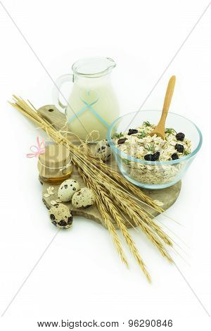 Healthy Breakfast - Milk With Muesli And Honey - Health And Diet Concept
