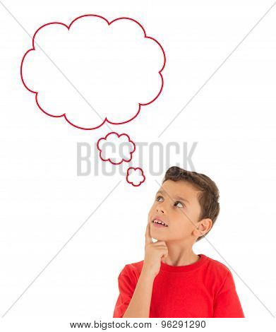 Young Boy looking up and thinking with bubbles