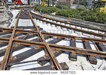 Some Workers Repair And Replace Rail Trams