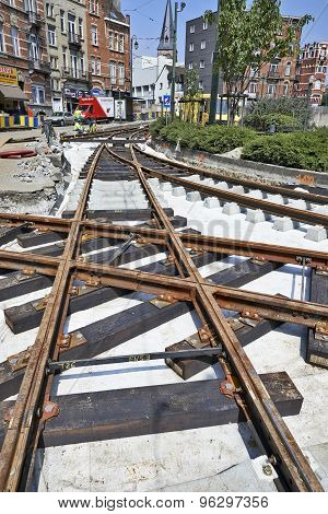 Some Workers Repair And Replace Rail Trams