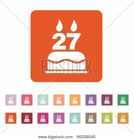 The birthday cake with candles in the form of number 27 icon. Birthday symbol. Flat
