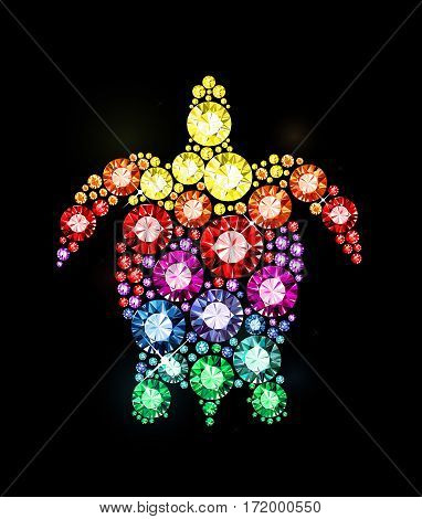 Vector turtle made of colored gems on black