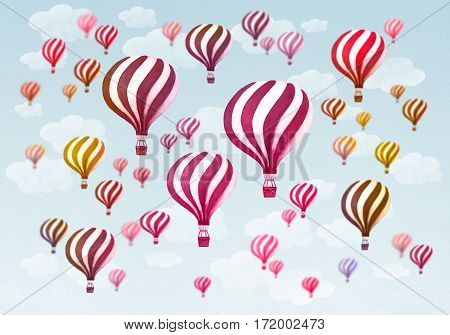 Hot air balloons flying throught a cloudy blue sky. Vintage air balloons. Retro engraving air balloons in the clouds. Watercolor illustration.