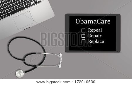 Healthcare concept with clean desk with medical and healthcare equipment with copyspace for message about Obamacare decision