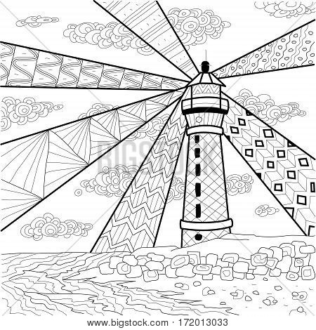 Seascape line art design for coloring book for adult, anti stress coloring - stock vector