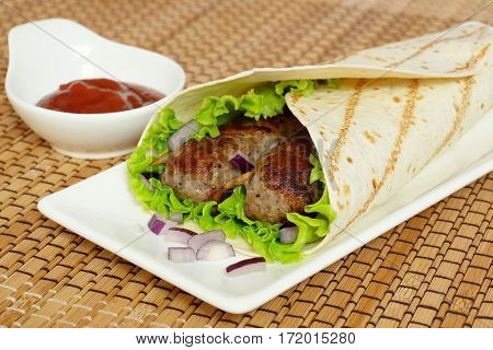 Grilled sausage meat in pita bread. Kebab