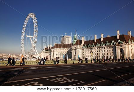 LONDON, UK - JANUARY 26, 2017: The EDF Energy London Eye next to the river Thames, UK