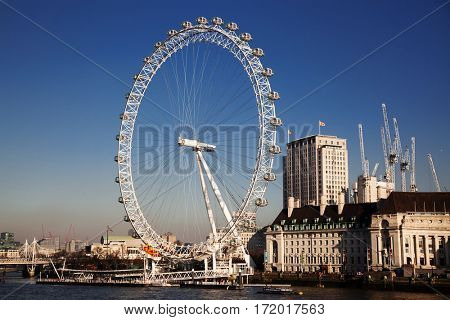 LONDON, UK - JANUARY 26, 2017: The EDF Energy London Eye next to the river Thames, UK