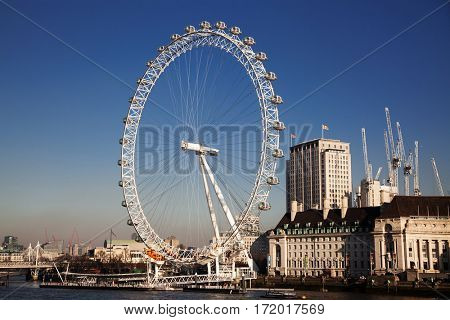 LONDON, UK - JANUARY 26, 2017: The EDF Energy London Eye next to the river Thames, UK