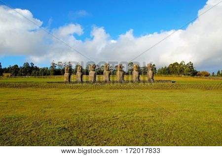 Long shot of the seven Moai at Ahu Akivi in Rapa Nui Easter Island in Chile South America