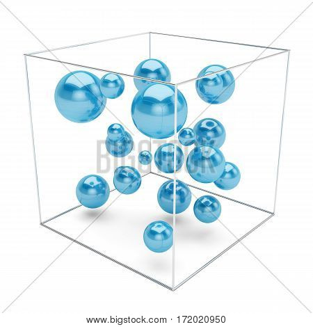 Abstract blue spheres in wire box isolated on white background. 3d rendering