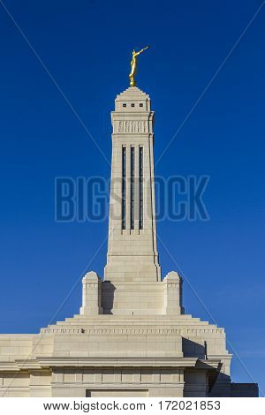 Carmel - Circa February 2017: The Angel Moroni Stands Atop The Indianapolis Indiana Mormon Temple I