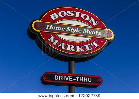 Indianapolis - Circa February 2017: Logo and Signage of a Boston Market Fast Casual Restaurant. Boston Market is owned by private equity firm Sun Capital Partners I