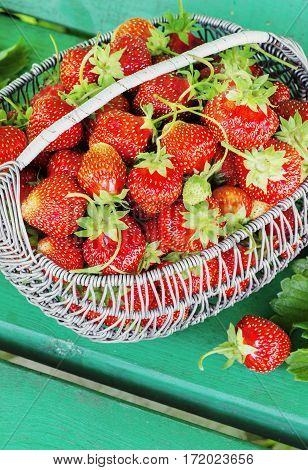 Ripe and tasty strawberries metal a basket in the street on a bright sunny day garden on a green bench