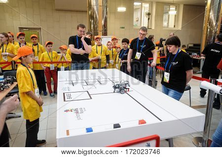 Tyumen Russia - February 16. 2017: Open championship of professional skill among youth. World skills Russia Tyumen - 2017. Competitions of robots among school students