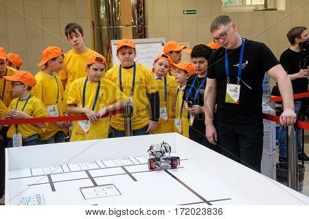 Tyumen Russia - February 16. 2017: Open championship of professional skill among youth. World skills Russia Tyumen - 2017. Competitions of robots among school students
