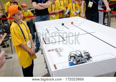 Tyumen Russia - February 16. 2017: Open championship of professional skill among youth. World skills Russia Tyumen - 2017. Competitions of robots among school students