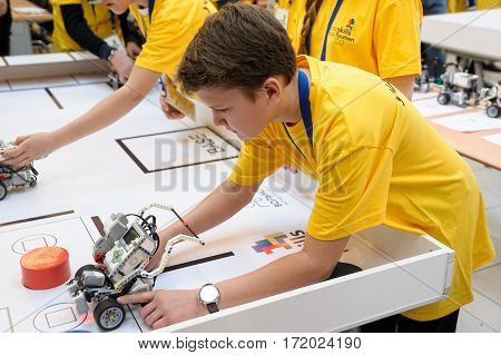 Tyumen Russia - February 16. 2017: Open championship of professional skill among youth. World skills Russia Tyumen - 2017. Competitions of robots among school students