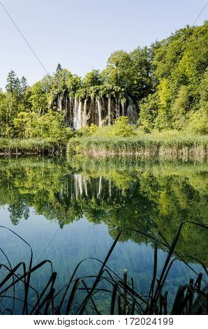 landscape of plitvicka national lake park at sunset unesco heritage site plitvice croatia.