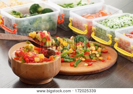 Healthy food frozen vegetables. Cooking ingredients packaging in container.