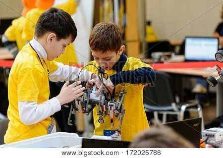 Tyumen Russia - February 17. 2017: Open championship of professional skill among youth. World skills Russia Tyumen - 2017. Competitions of robots among school students