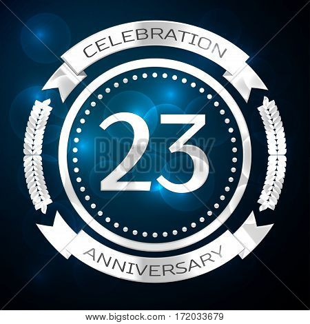 Twenty three years anniversary celebration with silver ring and ribbon on blue background. Vector illustration