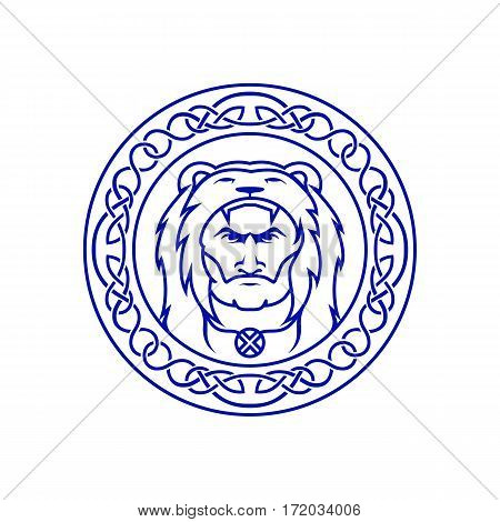 Logotype or mark old man in bear skin with circle ornament.