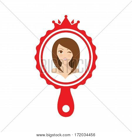 Flat illustration pretty beautiful girl in the red mirror. Woman with long hair and mirror.