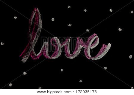 A chalk love word by on blackboard.