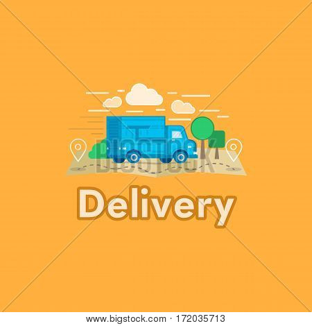 Vector illustration of cartoon delivery van isolated on orange background. Flat style logotype or mark. Side view, profile. Blue truck delivery. Courier delivery transport. Cargo auto.