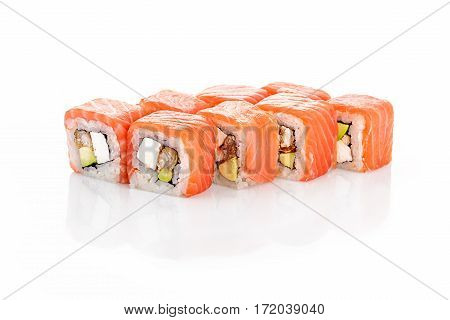 Roll Philadelphia, eel, salmon, cream cheese, avocado on a white background