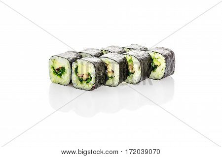 Roll vegan, Chuka seaweed, avocado on a white background