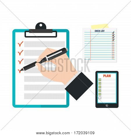 Agenda list concept vector illustration. Business paper clipboard in flat style. Self-adhesive notes color hand article. Important template advice page.