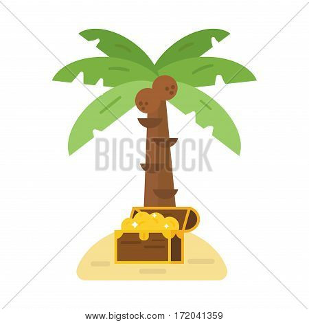 Vintage wooden treasure chest with golden coin and green palm tree vector illustration. Old money box isolated on white. Wealth antique rich jewelry piratic open money container.