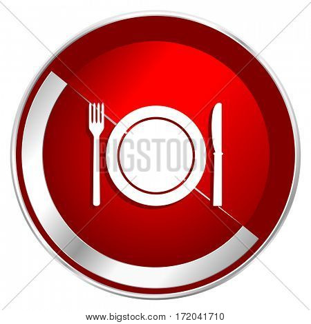 Restaurant red web icon. Metal shine silver chrome border round button isolated on white background. Circle modern design abstract sign for smartphone applications.