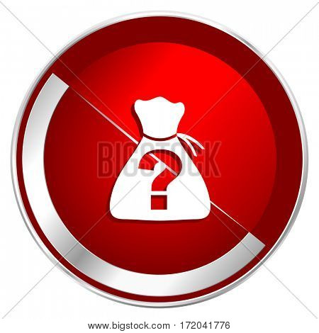 Riddle red web icon. Metal shine silver chrome border round button isolated on white background. Circle modern design abstract sign for smartphone applications.