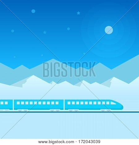 Train on railway with outdoor landscape in light and dark blue night, moon. Vector travel concept background. Train outdoor, transportation, travel. Flat illustration.