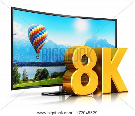 3D render illustration of curved 8K UltraHD resolution TV cinema or computer PC monitor display isolated on white background with reflection effect