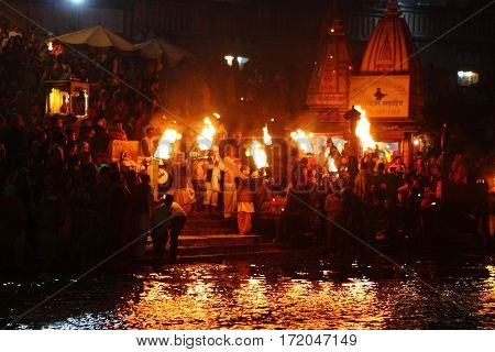 HARIDVAR, INDIA - JAN 14, 2009: During celebrations Makar Sankranti. Festival is celebrated in various parts of India to observe the day which marks the shift of the sun into ever-lengthening days.