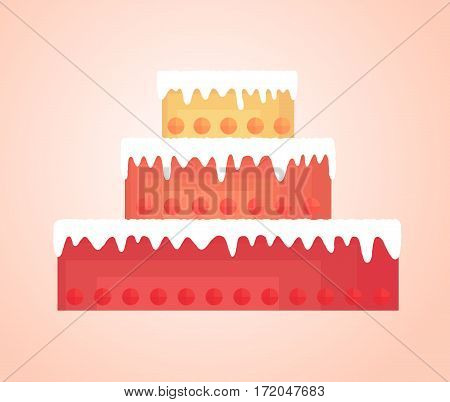 Simplified tall cake with bright shortcakes different colors decorated with round fruit. Flows down the white cream