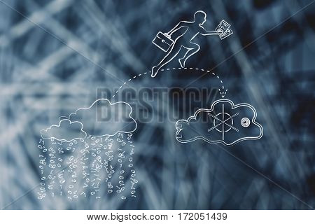Business Man Jumpying With Docs From Unsafe To Safe Cloud Service