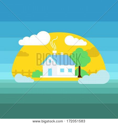 Flat style vector illustration of house. Sun weather landscape illustration with house, clouds and trees. Landscape summer home graphic.