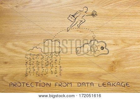 Business Man Jumpying With Docs From Unsafe To Safe Cloud Service