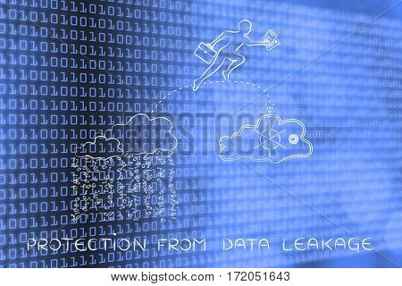 Business Man Jumpying With Docs From Unsafe To Safe Cloud Service