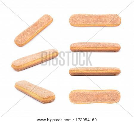 Single ladyfinger savoiardi biscuit cookie isolated over the white background, set of seven different foreshortenings