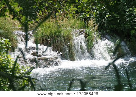Foamy waterfall on a sunny day, bushes