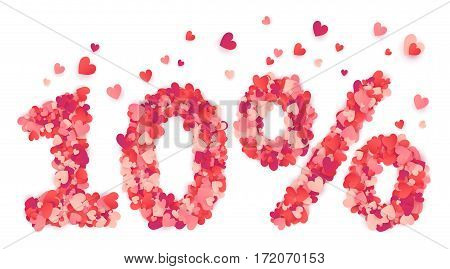 Vector Valentines Day 10 percents discount mape from hearts confetti isolated on white background