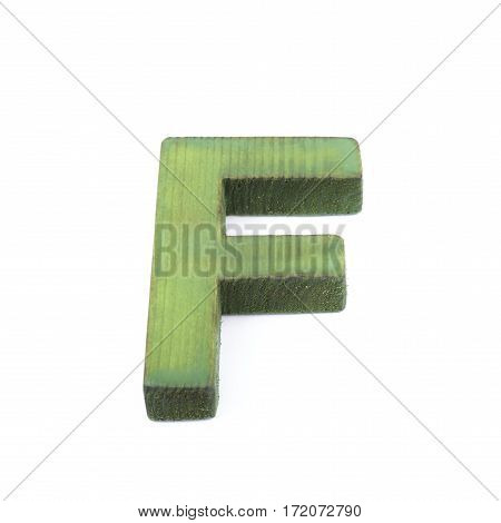 Single sawn wooden letter F symbol coated with paint isolated over the white background